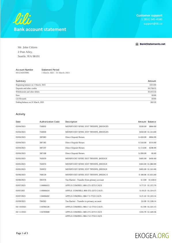 Relevé bancaire USA Lili Word